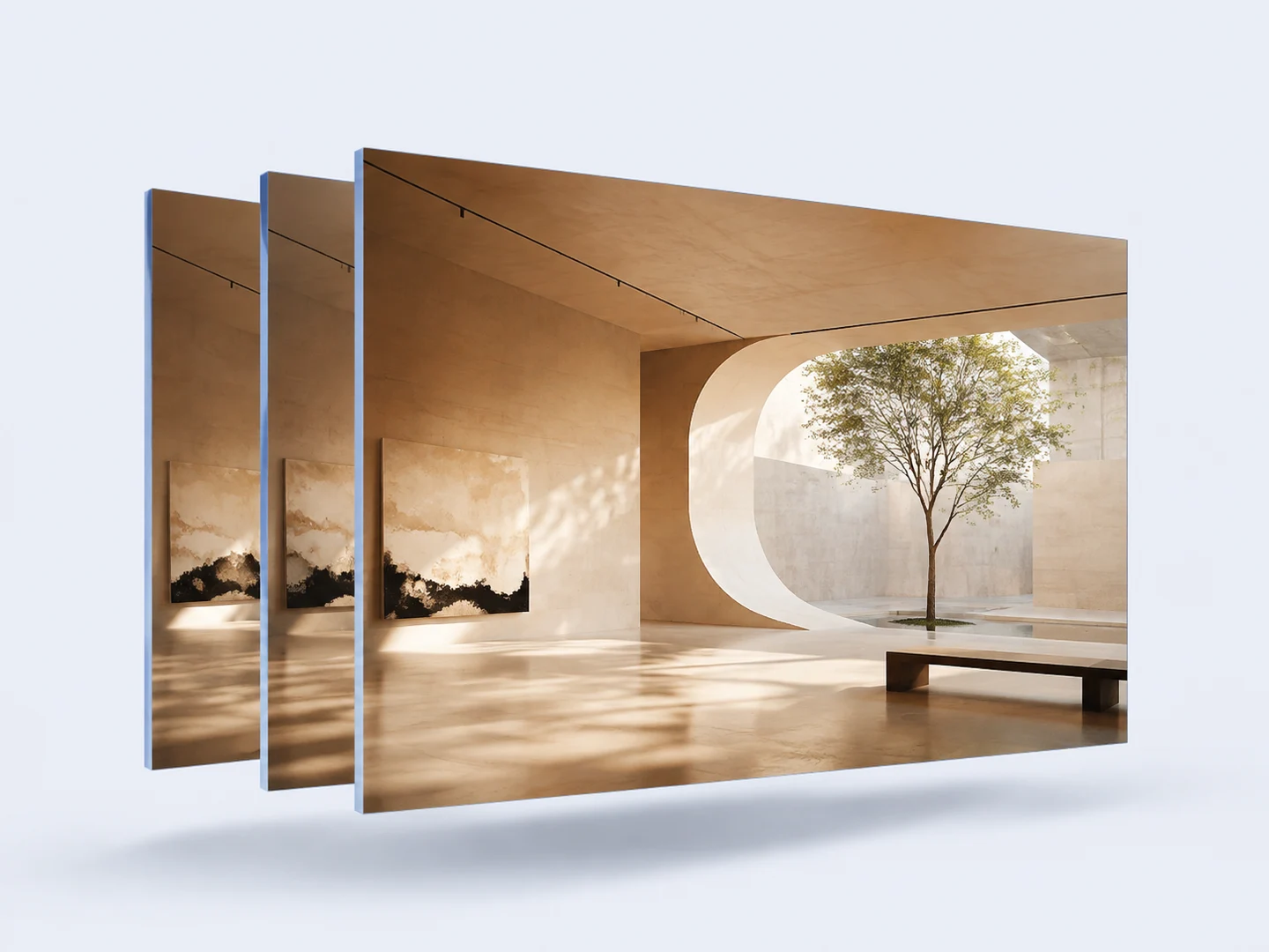 A limestone gallery shared across layered spatial views.